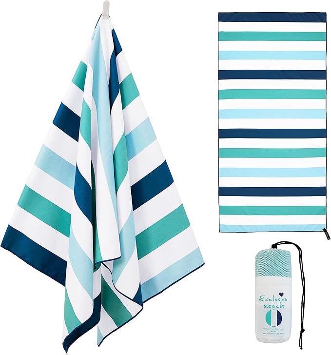 Exclusivo Mezcla Large Microfiber Quick Dry Beach Towel, Lightweight Sand-Free Cabana Stripe Pool Travel Camping Towel with Bag (Green, 30x60 Inches)