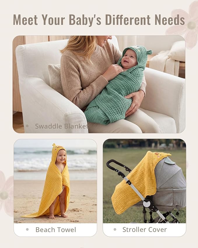 Blissful Diary Muslin Baby Hooded Towel 2 Pack, Soft & Absorbent Bath Towel for Infant, Toddler, Unisex, Baby Gift, Newborn Essentials, Smart Bear & Sunny Duck