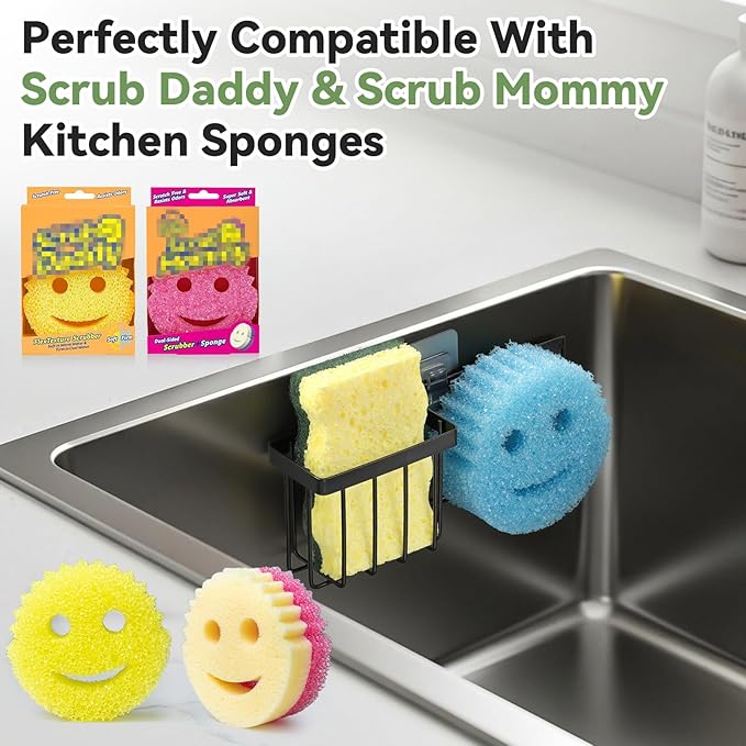 [Slim & Space-saving] Sponge Holder for Kitchen Sink, Sponge Caddy for Scrub Daddy / Scrub Mommy Smiley Face, Sink Organizer Accessories for Dish Brush, Scrubber -with 2 Suction Cups & 1 Adhesive Hook