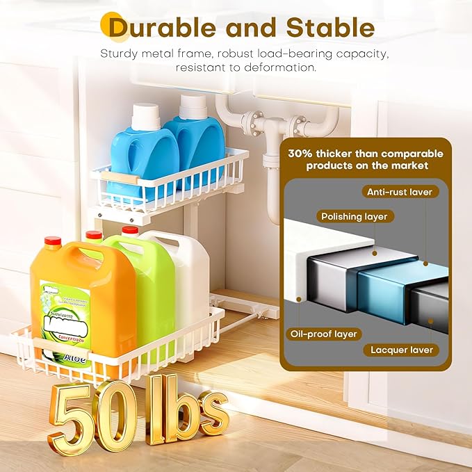 ZELOREA Under Sink Organizer, 2-Tier Pull-Out Under-Sink Shelves, Adjustable Height (13.8" -16.9"), Sturdy Metal Storage Organizer for Bathroom Kitchen Pantry Cabinet (2 Packs, White)