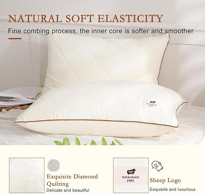 YOUR MOON Organic Wool Pillow Queen Size, Soft Breathable Support Bed Pillows for Sleeping, Luxury Down Alternative Pillow for Side & Back Sleepers, 100% Cotton Cover, Natural Wool Filling (Off White)