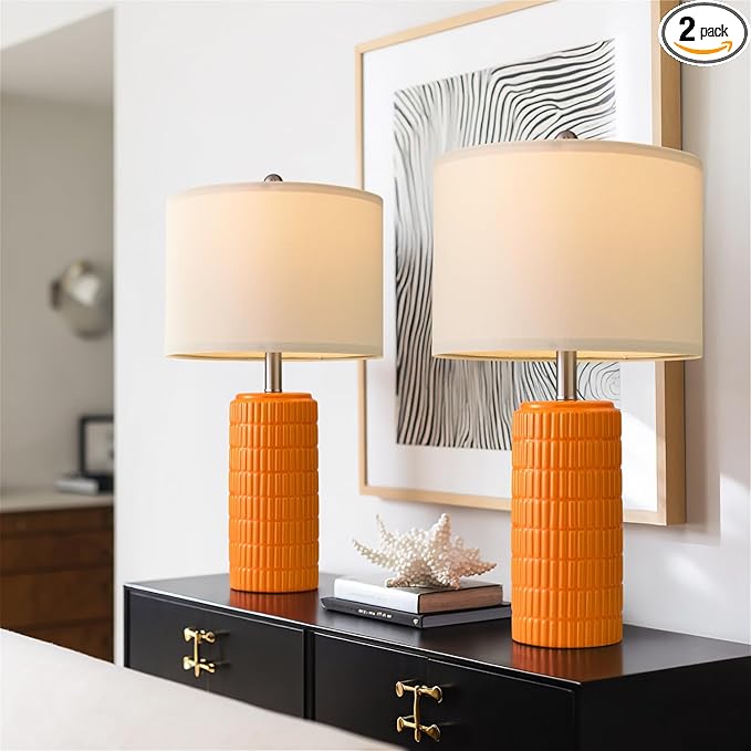 PoKat 23" Orange Table Lamps Decor for Living Room Set of 2, Modern Living Room Lamps for End Table, Ceramic Table Lamps for Bedroom, Contemporary Nightstand Lamps for Home Bedroom Decor
