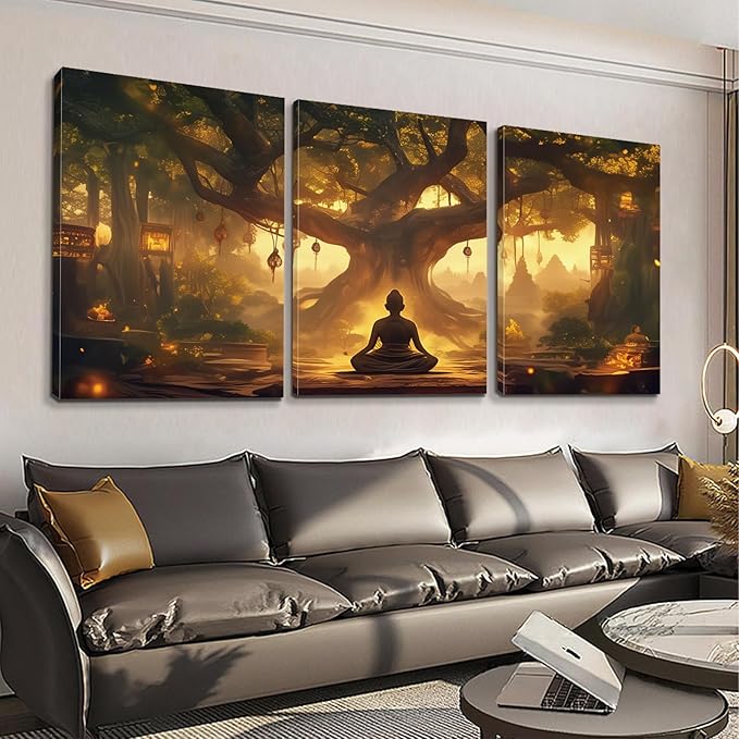 WithHope 3 Piece Buddha Canvas Wall Art, Buddha Home Decor, Buddhist Decorations, Zen Canvas Wall Art, Tree of Life Artwork, Zen Decorations, Modern Painting, Living Room Decor (12" x 18" x 3 pcs)