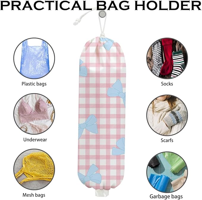 2Pcs Pink Bow Plastic Bag Holder for Kitchen Essentials, Blue Bow Wall Mount Grocery Bag Holder for Plastic Bags, Blue Pink Plaid Check Reusable Shopping Bags Storage Dispenser for Home Kitchen Pantry