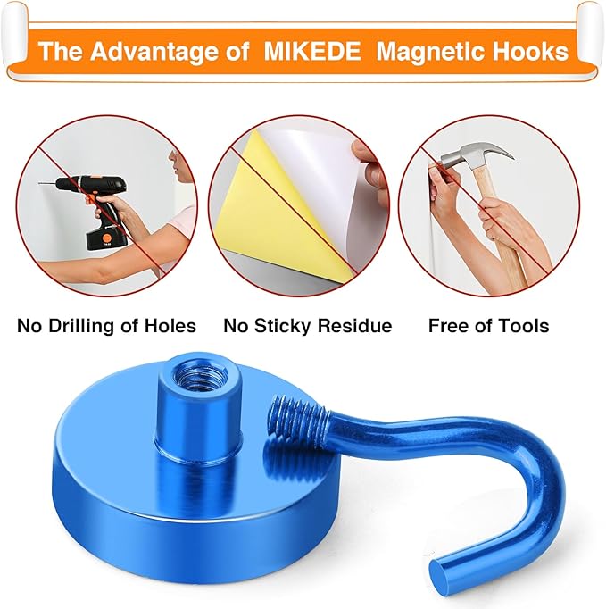 MIKEDE Magnetic Hooks 85Lbs Strong Neodymium Magnets with Hooks for Cruise Heavy Duty Earth Magnets Hooks for Refrigerator Outdoor Hanging Brackets Magnetic Hanger for Cabins (Blue, 10 Pack)