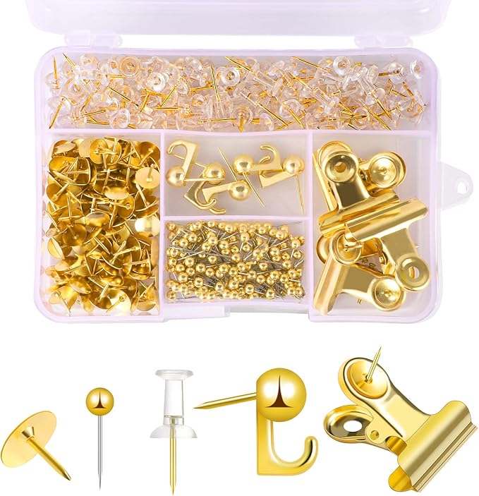 310 Pcs Gold Push Pins Set Thumb Tacks Decorative Push Pins for Cork Board with Push Pin Hook Pushpin Clip 5 Style Office Accessories for Cork Board Map Office (Gold)