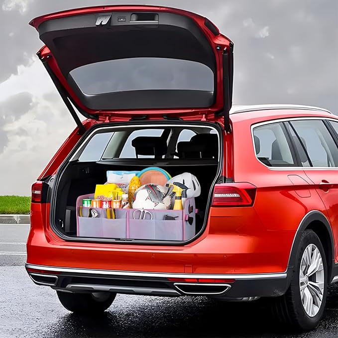 Trunk Organizer for SUV & Sedan, Car Organizers & Storage, Waterproof Collapsible & Adjustable Straps, 70L Sturdy Car Organization for Car Accessories, Tools, Sundries, 2-3 Compartment (Colorful Pink)