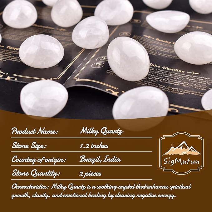 Polished Milky Quartz Crystal Stones - 2 Pcs of 1.2" Worry Stone for Anxiety, Pocket Palm Stone Super Large Handpicked Natural Tumbled Gemstones for Meditation, Reiki, Chakra Healing, Home Decor