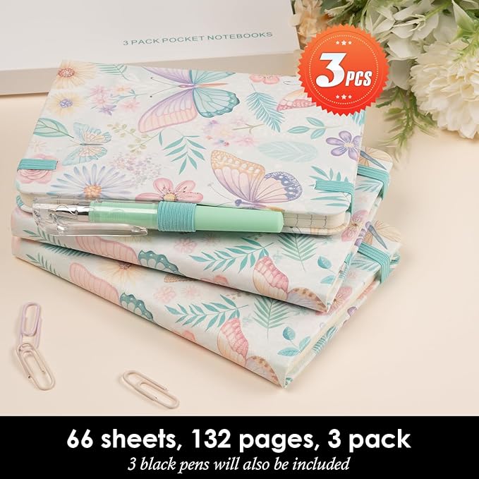 Aesthetic Small Journal Notebook, 3 Pack Mini Pocket Notebook with Pen, (Butterfly Garden) 3.7" x 5.7", 100GSM Lined Paper, Hardcover Small Notepad for Kids/Girls/Women Writing Note Taking