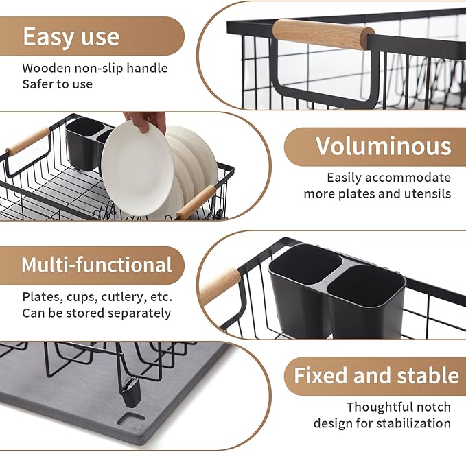 Lalaunicky Dish Drying Rack with Stone Drying Mat, Dish Drainer and Diatomaceous Earth Dish Mat, Dish Drainers for Kitchen Counter with Stone Dish Mat