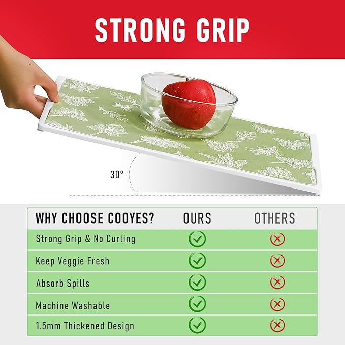 Cooyes Shelf Liner for Refrigerator & Drawer, Non-Adhesive Cabinets Liner for Kitchen Cupboard & Fridge, Breathable Cloth Material, Vegetable-Patterned, 6 Pack 12“ × 24”, Sage Green