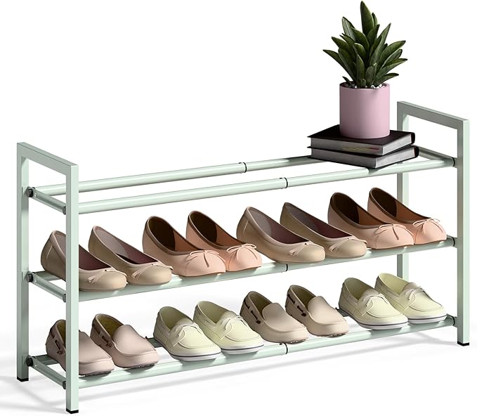 Bumusty 3-Tier Expandable Shoe Rack for Closet, 18"-33" Adjustable Shoe Rack for Small Space, Small Shoe Organizer for Front Door, Sturdy Metal, Green