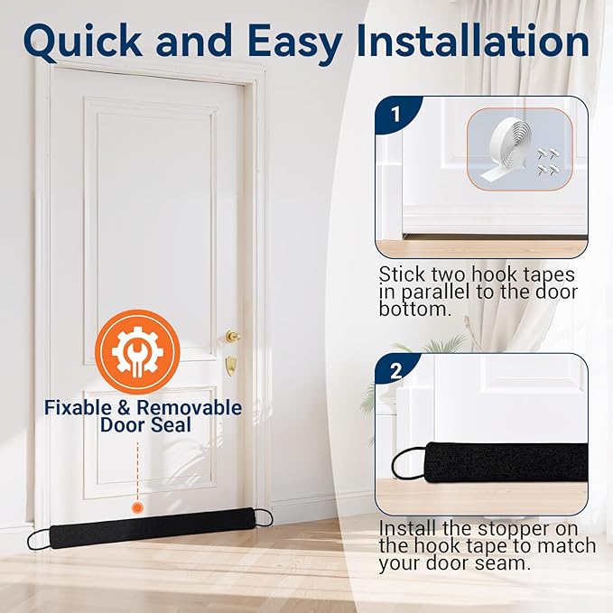 Door Draft Stopper for Bottom of Door, 36'' Heavy Duty Under Door Draft Blocker Gap Filler, Door Seal for Noise Light Cold Air, with Adhesive Strips, Black