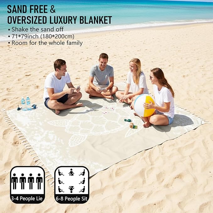 Oversized Turkish Beach Towel Blanket Cotton Giant XL Sandproof Towels Huge Linen XXL Extra Large Big Throw Quilt Blankets for Adults Beige Turtle