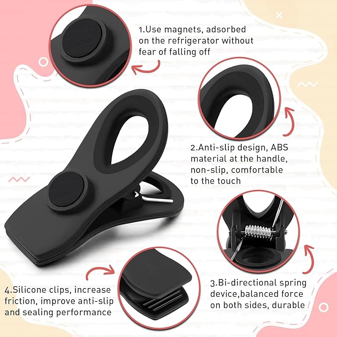 FINDMAG 24 Pack Chip Clips for Food Storage, Magnetic Plastic Bag Clips with Strong Magnet for Fridge, Edge Clamp, Snack Bags, Chips, and Kitchen Use (Black)