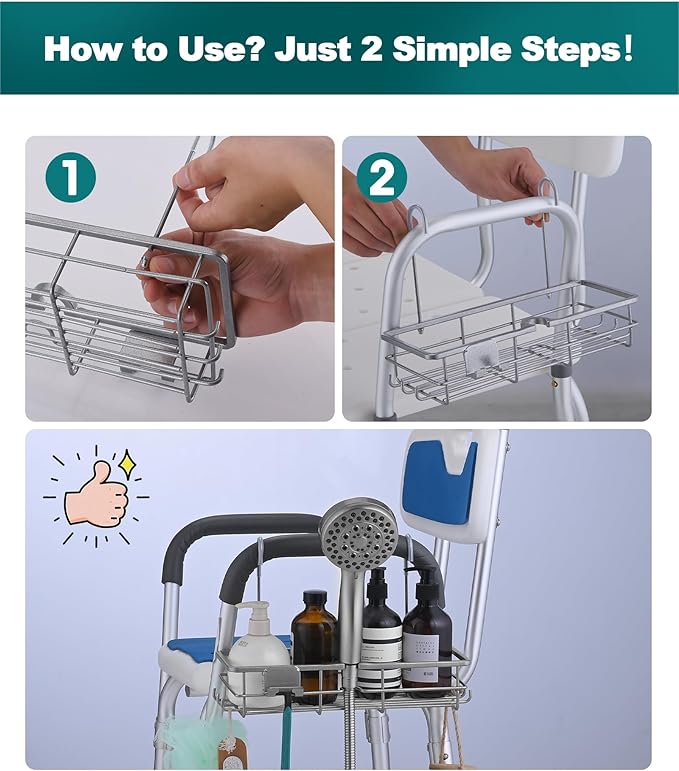 OrgCreator Rustproof Hanging Shower Caddy for Shower Chair, Stainless Steel Bathroom Basket for Bath Chair Bench,Showers Caddy Chair, Shampoo Bottle Holder for Elderly, Pregnant, Handicap, Patient