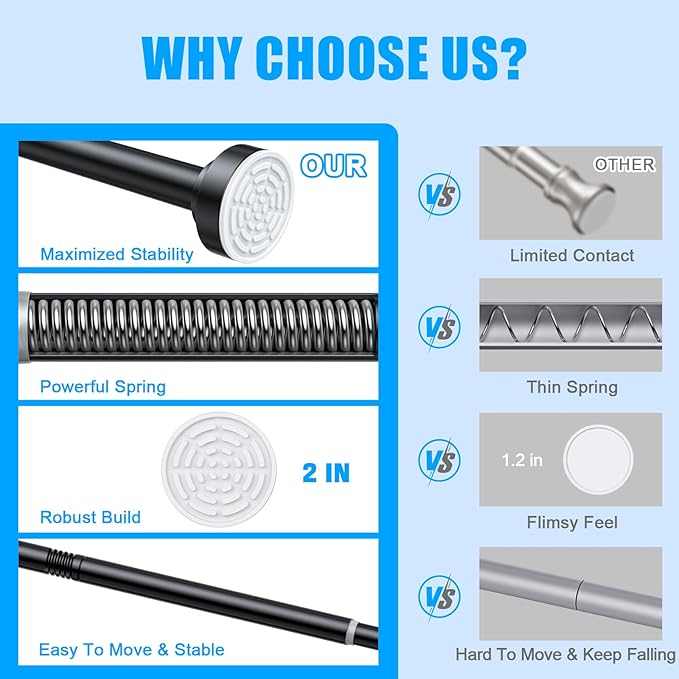 TEECK Shower Curtain Rod, 32-43 inch Adjustable Spring Tension Curtain Rod, Never Rust Anti-Slip Shower Curtain Rod for Bathroom, No Drilling, Never Collapse, Easy to Use, Black