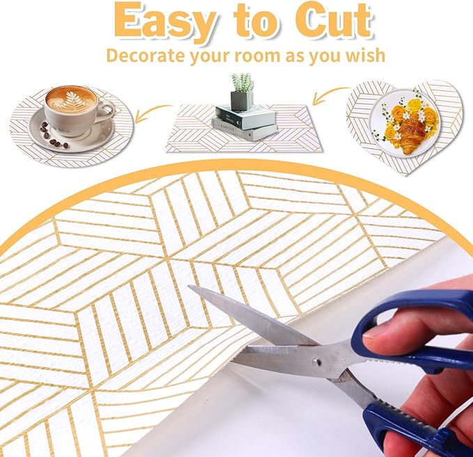 Shelf Liners for Kitchen Cabinets 11.8 x 236.2in Non-Adhesive Shelf Liner Paper Non-Slip Thickened Drawer Liner Easy to Clean for Tool Box Refrigerator with Knife and Tape Measure, Gold Geometric