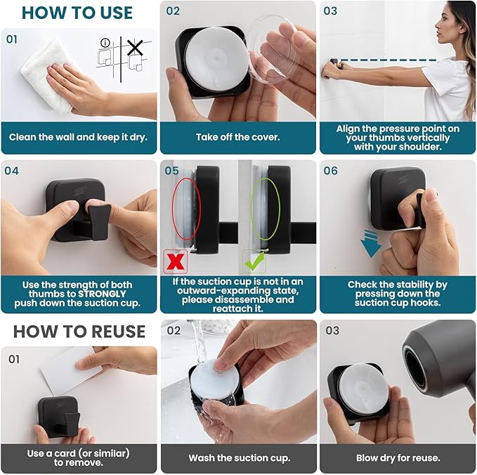 TAILI Thickened 304 Stainless Steel Bathroom Suction Hook for Towel, Loofah, Bathrobe, Patented Strong Suction Cup Holder, Damage-Free Hanging Glass Shower Wall Hook, Hold Up to 11 Lbs, 2 Pack, Black