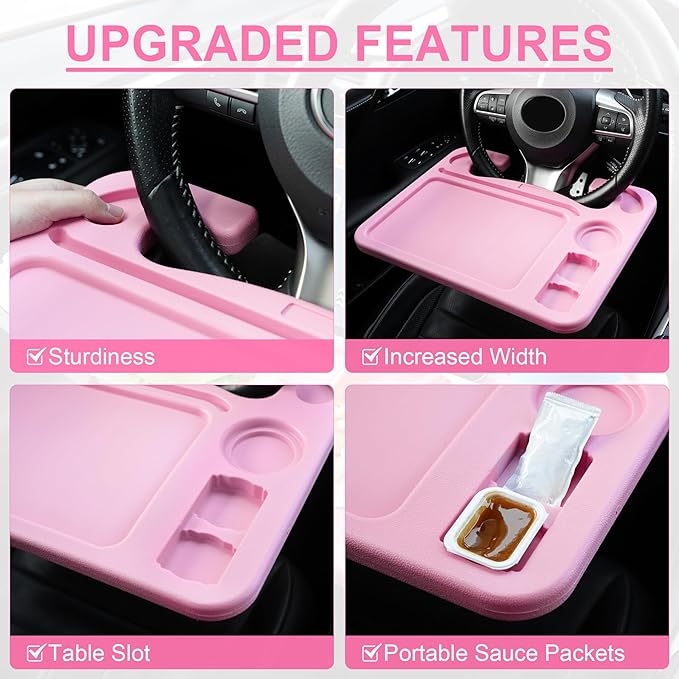 JUSTTOP 4 in 1 Car Steering Wheel Desk for Laptop, Versatile Upgraded Car Seat Tray, Spacious Steering Wheel Table with Tablet Holder and Dual Sauce Racks, Steering Wheel Under Table Console (Large+Pink)