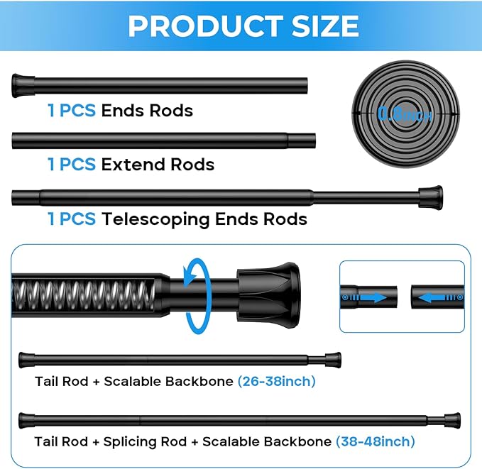 Tension Rod 28 to 48 inch, Adjustable Curtain Rods No Drilling Spring Rods Extendable Pressure DIY Tension Rod for Window Closet Kitchen, Black