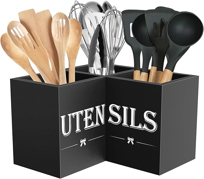 Suli Extra Large Kitchen Utensils Holder with 3 Compartments, Corner Utensil Caddy for Countertop, Wooden Utensil Organizer for Kitchen Countertop, Farmhouse Decor - Black