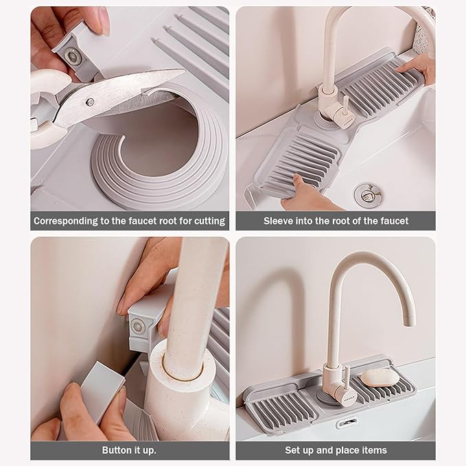 Longer Silicone Faucet Mat for Kitchen Sink – Button Style Faucet Drip Catcher & Leak-Proof Sink Splash Guard with 6° Slope, Behind Faucet Draining Mat,Gadgets for Bathroom (dark gray, small)