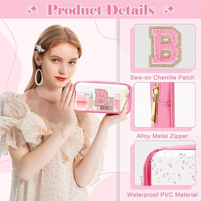 Personalized Initial Letter Clear Makeup Bag, Preppy Small Nylon & PVC Cosmetic Zipper Bag with Chenille Letter, Portable Beach Travel Skincare Toiletry Bag, Trendy Monogram Gift for Teen Girls Women, B