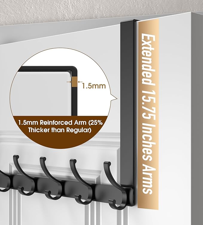 KitchLife Long Over The Door Hooks Hanger with 15.75 inches Extended Arms, Fits 1 3/4" Doors, F40U, 6 Double-Hanger Design Thickened Heavy Duty Bathroom Towel Rack Organization, Matte Black, 1 Pack
