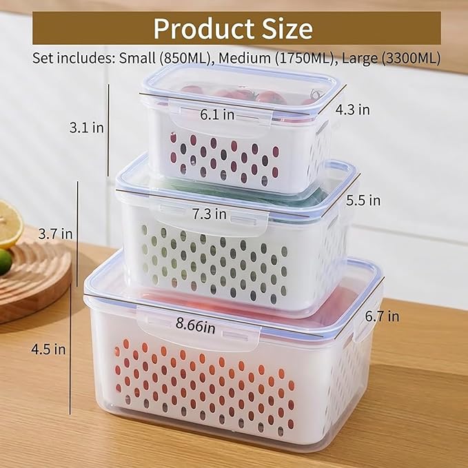 Fruit storage containers for fridge，with detachable drainer basket and airtight seal, stackable produce organizer, prolongs freshness of berries, greens, meats