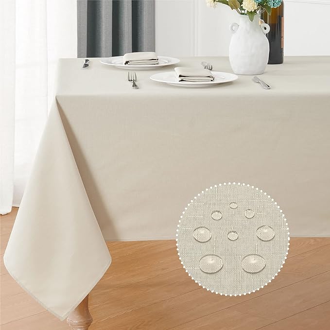 2 Pack Rectangle Tablecloth, 60x104 inch, Water Resistant Wrinkle Free Linen Textured Table Cloth Washable, Decorative Fabric Table Cover for Dining, Party and Camping, Beige