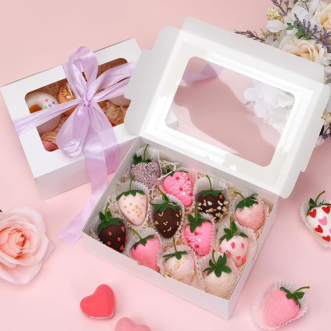 Moretoes 48pcs Cookie Boxes with Window, 8x6x2.5 Inch 3 Style Pastry Boxes for Treat, Chocolate Covered Strawberries, Candy, Muffins, Donuts