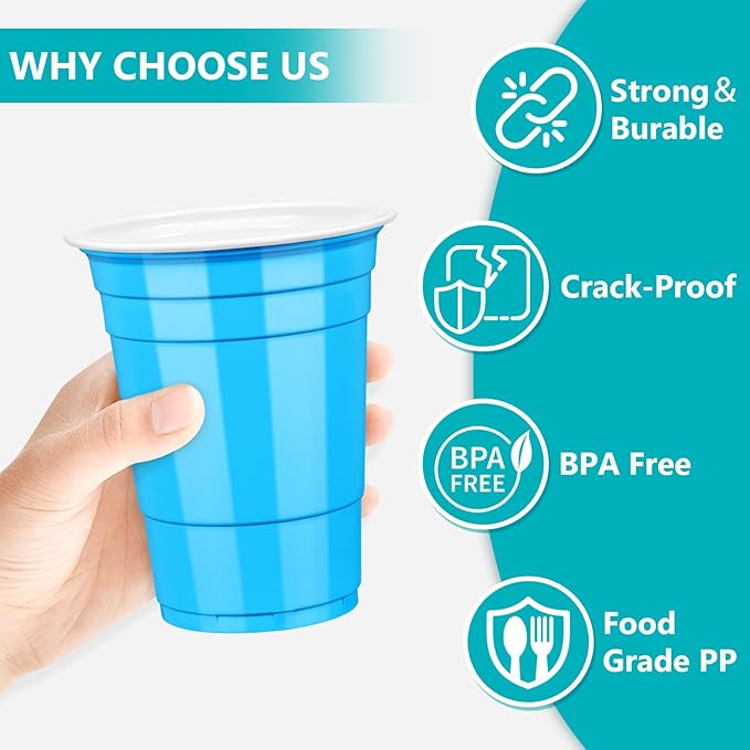 LANLISA 50 Blue Plastic Cups, 16 oz Disposable Cups, Drinking Cups For Party Supplies