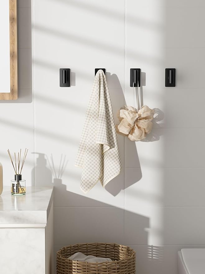 GWAAZXGZ Towel Hooks for Bathrooms – 2 Pack, Matte Black Finish, T-Shaped Stainless Steel Adhesive Wall Hooks for Robes & Towels in Kitchen, Shower, or Closet