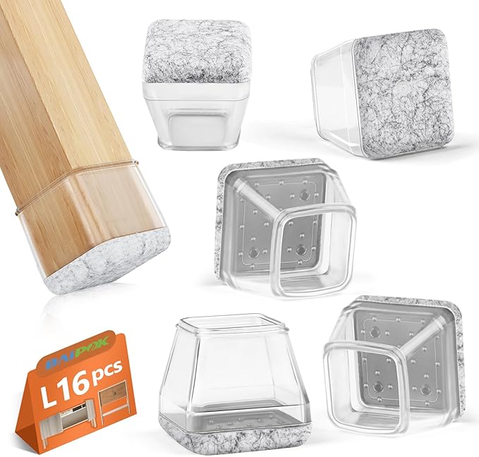16Pcs Square Chair Leg Floor Protectors with Thickened Felt Pads Silicone Chair Leg Covers Caps to Protect Hardwood Tile Floors Furniture Feet Reduce Noise (Clear L Fit 1.14"-1.42")