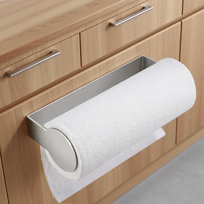 YIGII Paper Towel Holder Under Cabinet - Adhesive Papertowel Rack, Wall Mount Paper Roll Holders for Kitchen, Stick on Wall Stainless Steel