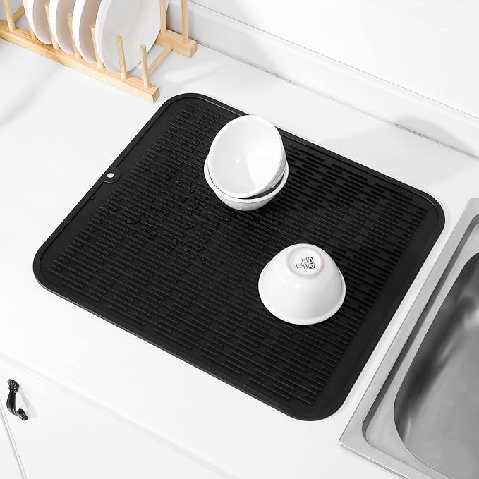 MicoYang Silicone Dish Drying Mat for Multiple Usage,Easy clean,Eco-friendly,Heat-resistant Silicone Mat for Kitchen Counter or Sink,Refrigerator or Drawer Liner Black 2XL 24 inches x 18 inches