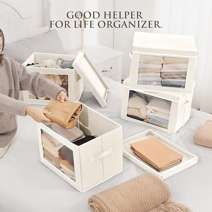 Storage Bins with Lids, 3 Pack Large Storage Cubes with Window, Closet Bins with Lids & Handles, Fabric Box for Organizing Clothes, Towels, Books, Beige