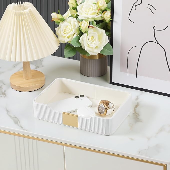 Valet Tray Desktop Storage Organizer, PU Leather Catchall Bedside Vanity Tray with Brass Accents Block Nightstand Organizer for Keys Watch Wallet Phone, Decorative Nightstand Storage (White)