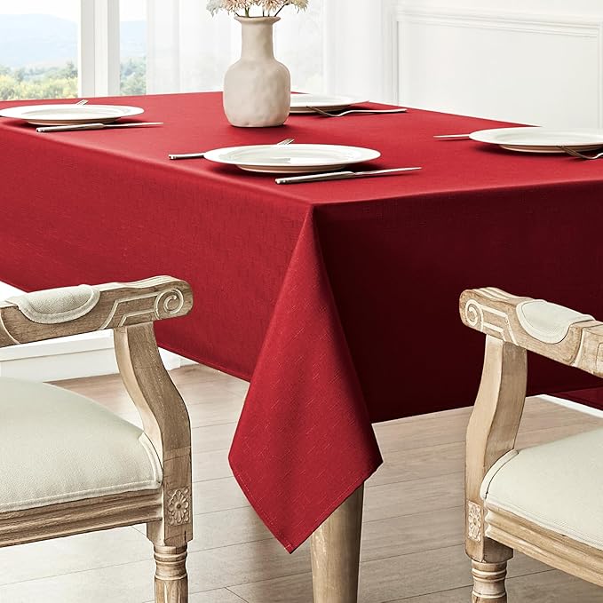 2 Pack Rectangle Tablecloth, 60x120 inch, Water Resistant Wrinkle Free Linen Textured Table Cloth Washable, Decorative Fabric Table Cover for Dining, Party and Camping, Red