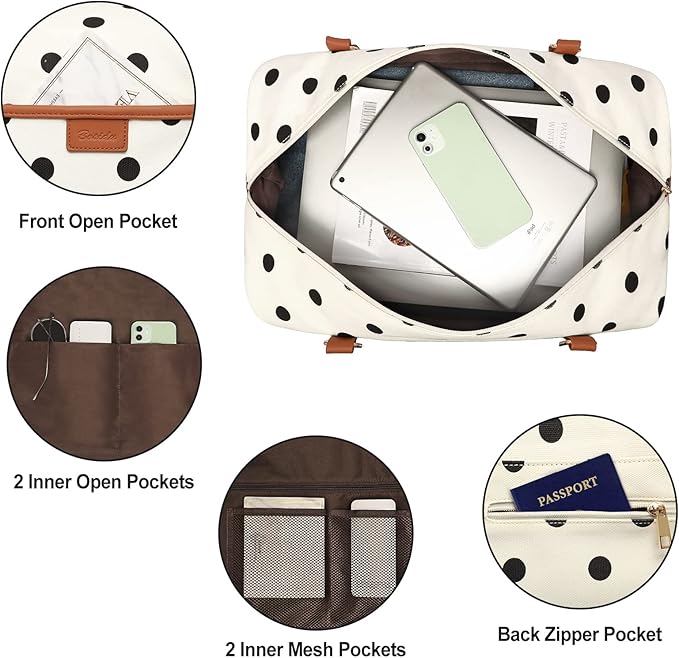 3Pcs Set Polka Dots Weekender Bags for Women Canvas Carry On Overnight Bag Travel Duffle Tote Bag for with Shoes Compartment, Brown