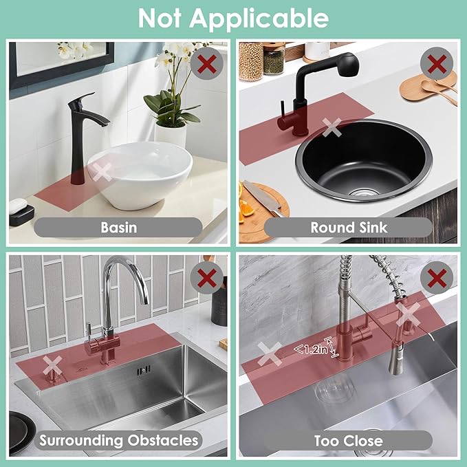 14.6 Inch Silicone Faucet Mat for Kitchen Sink Splash Guard - 7° Slope Water Draining Mat With Fasten Button for Bathroom Area (Black, 14.6''x5.5'')