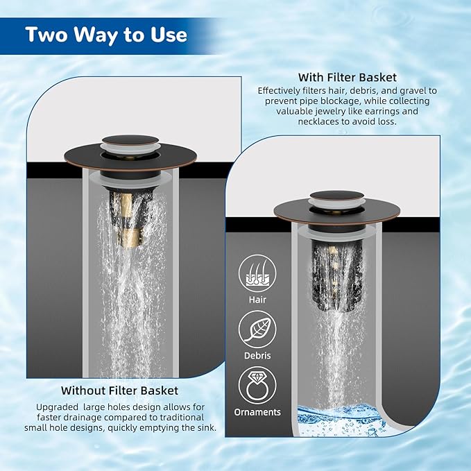 Hibbent 3 Pack Upgraded 3-in-1 Bathroom Sink Drain Strainer, Universal Pop-Up Stopper with Removable Stainless Steel Filter Basket Hair Catcher, Sink Plug for 1.1''~2.36'' Basin, Oil-Rubbed Bronze
