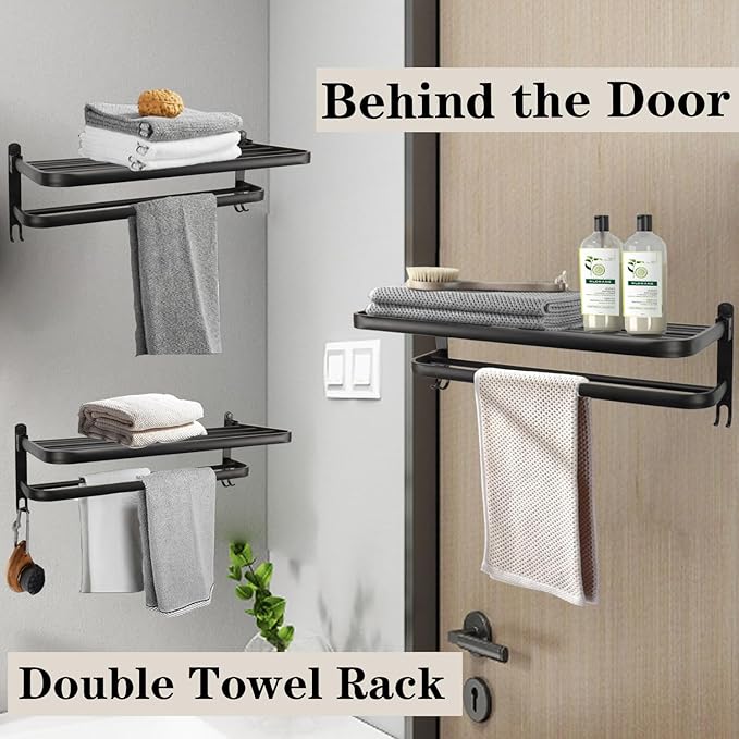 Towel Rack for Bathroom, Bath Towel Holder with Double Towel Bar and Foldable Towel Shelf, Rustproof Towel Organizer Wall Mounted Towel Storage Hanger for Bath/Balcony/Lavatory (16in Black)