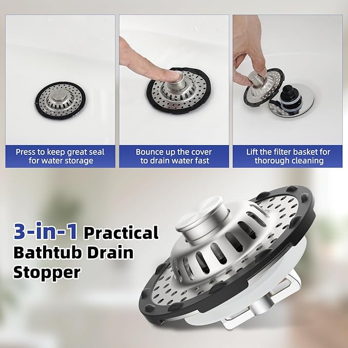 Metal 2 Pack Bathtub Drain Stopper with Top Hair Catcher, 3 in 1 Pop-up Bathtub Strainer, Tub Stopper with Detachable Stainless Steel Filter Basket for Standard 1.5 to 2.4'' Drain, Brushed Nickel
