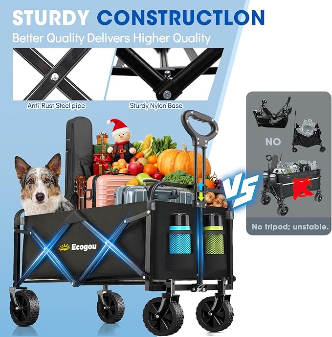 Wagons Carts Foldable, Collapsible Wagon with All-Terrain Wheels 420lbs Weight Capacity Heavy Duty Utility Wagon with Drink Holders for Beach, Garden, Camping, Shopping Groceries, Sports