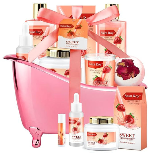 Spa Kit for Women, Bath & Body Gift Set, Luxury Home Spa Bath Gift Basket, Strawberry Scented Bath Set Christmas Gifts for Women with Shea Butter Lotion, Pamper Gifts for Girls & Teens, Birthday Gift
