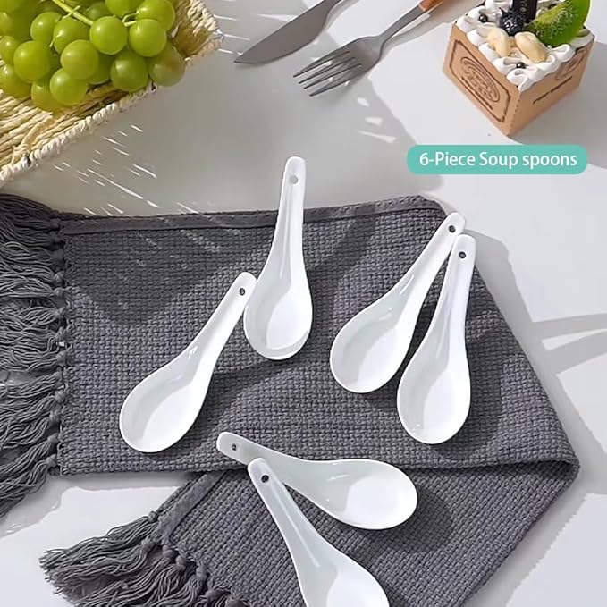 Soup Spoons Set of 12,Permium Ceramic Soup Spoons 5.3" Asian Ramen Spoons Proper for Pho Miso Wonton Ramen Dumpling Macaron Dishwasher & Oven Safe,chinese soup spoons