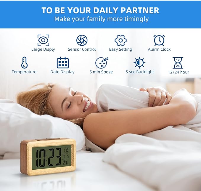 everwood Wooden Digital Battery Operated Alarm Clocks for Bedrooms, Beside, Table, Desk