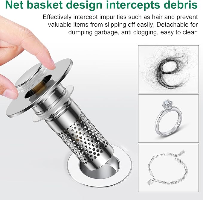 Bathroom Sink Drain Strainer,Universal Pop-Up Sink Stopper Hair Catcher, Anti-Clog Stainless Steel Drain Filter Basket, Removable Sink Drain for Bathroom Sink Stopper Replacement